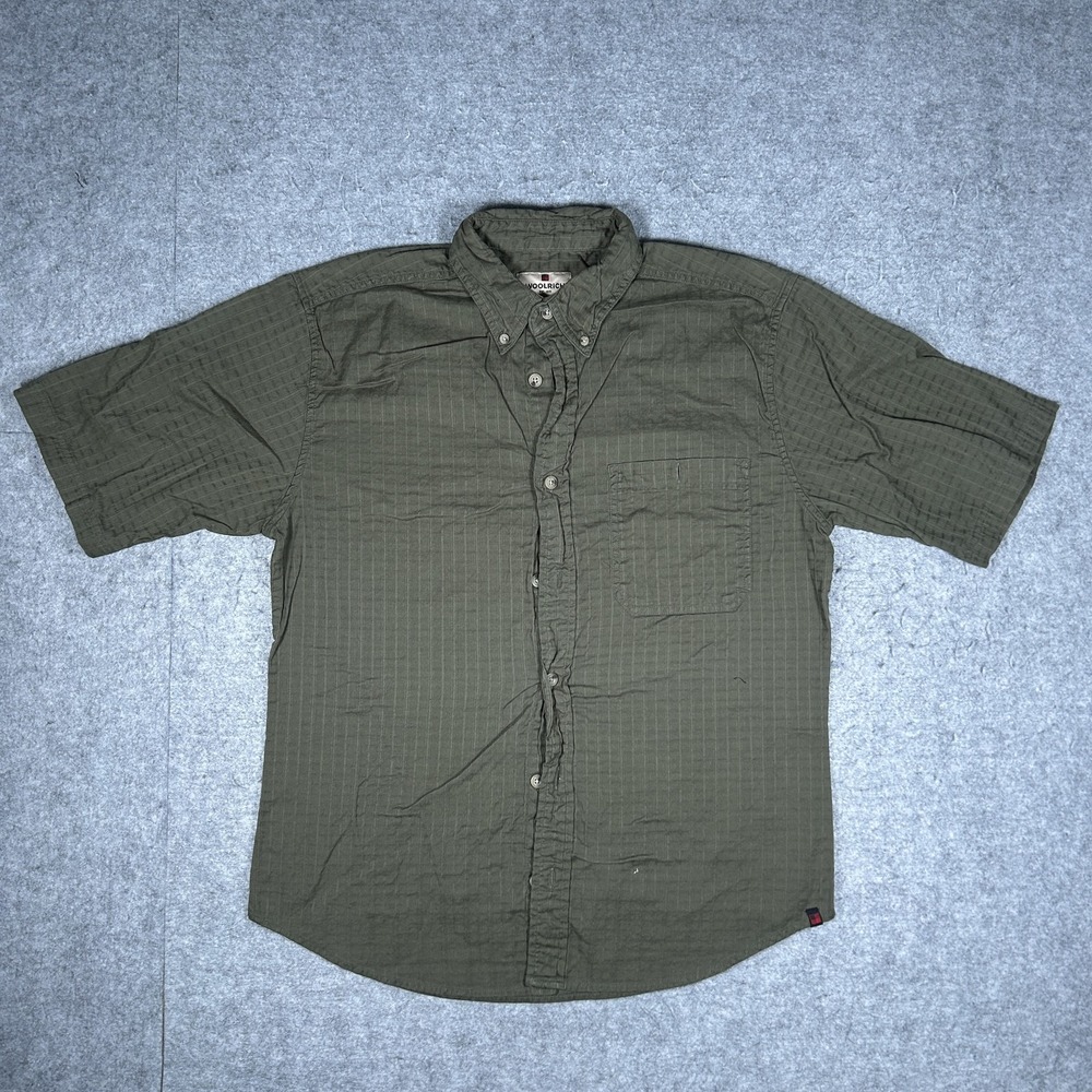 Vintage Woolrich Button Down Shirt Mens Medium Olive Green Y2K Short Sleeve